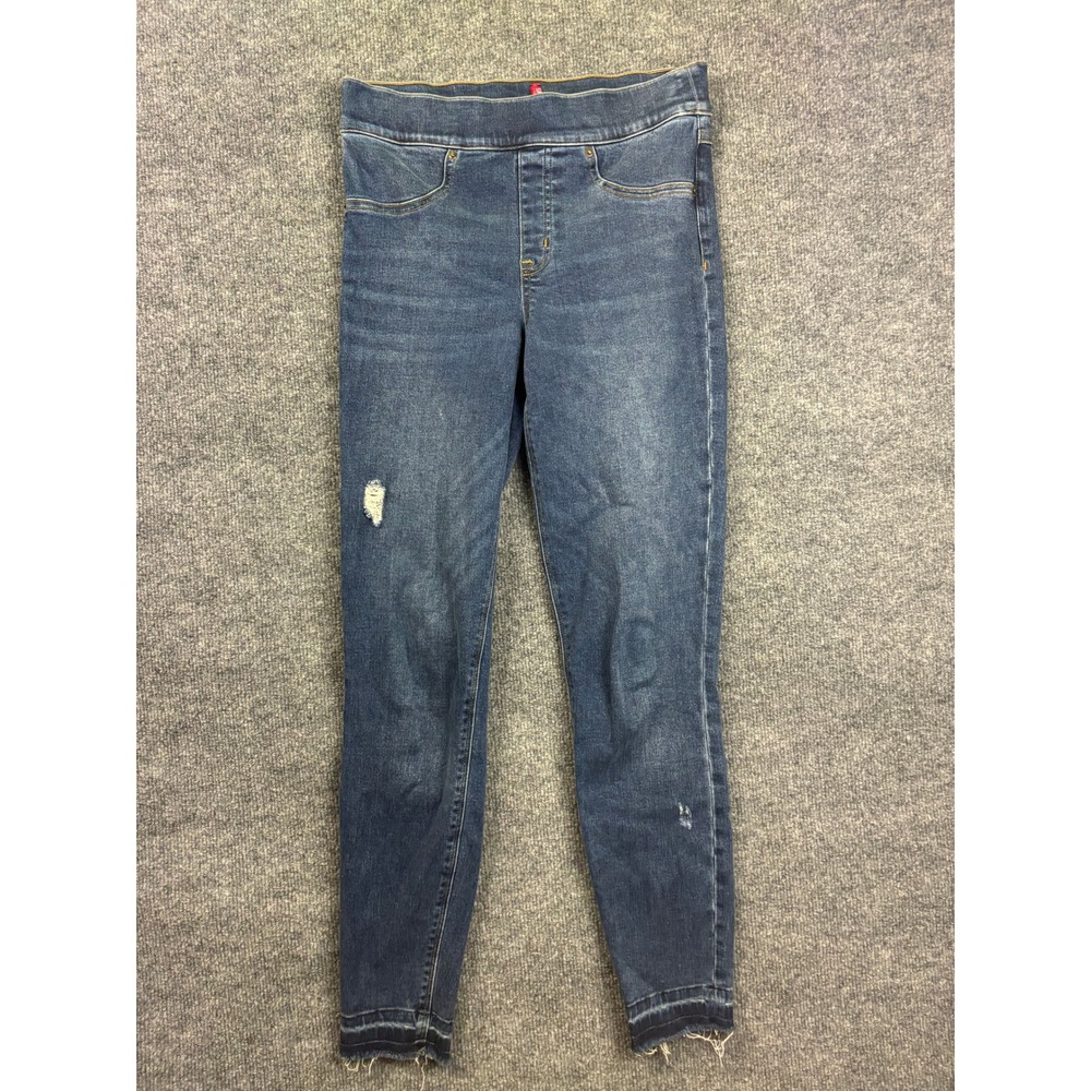 Spanx Jean-ish Leggings Women Small Blue Distressed Raw Hem Skinny Ankle Denim